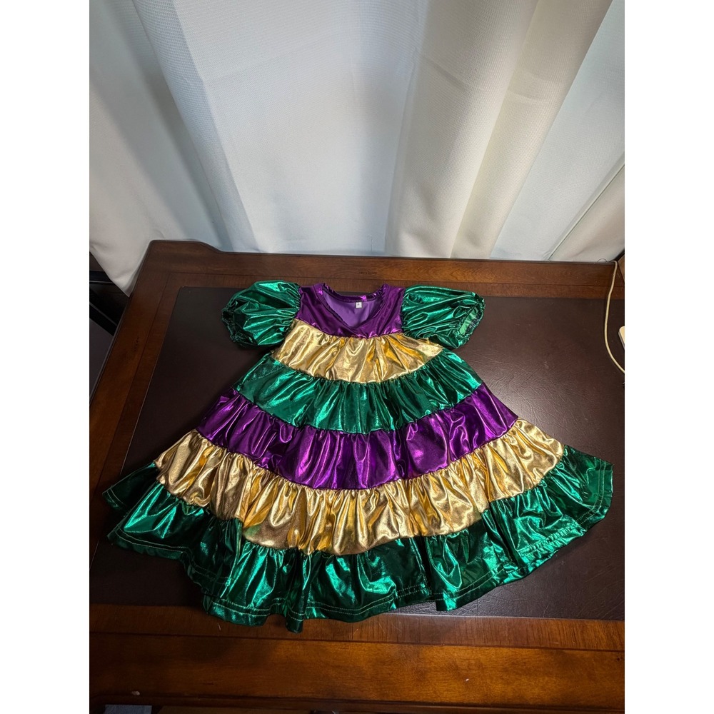 Mardi Gras Girls Metallic Tiered Ruffle Dress Purple Green Gold 5T SKU 378